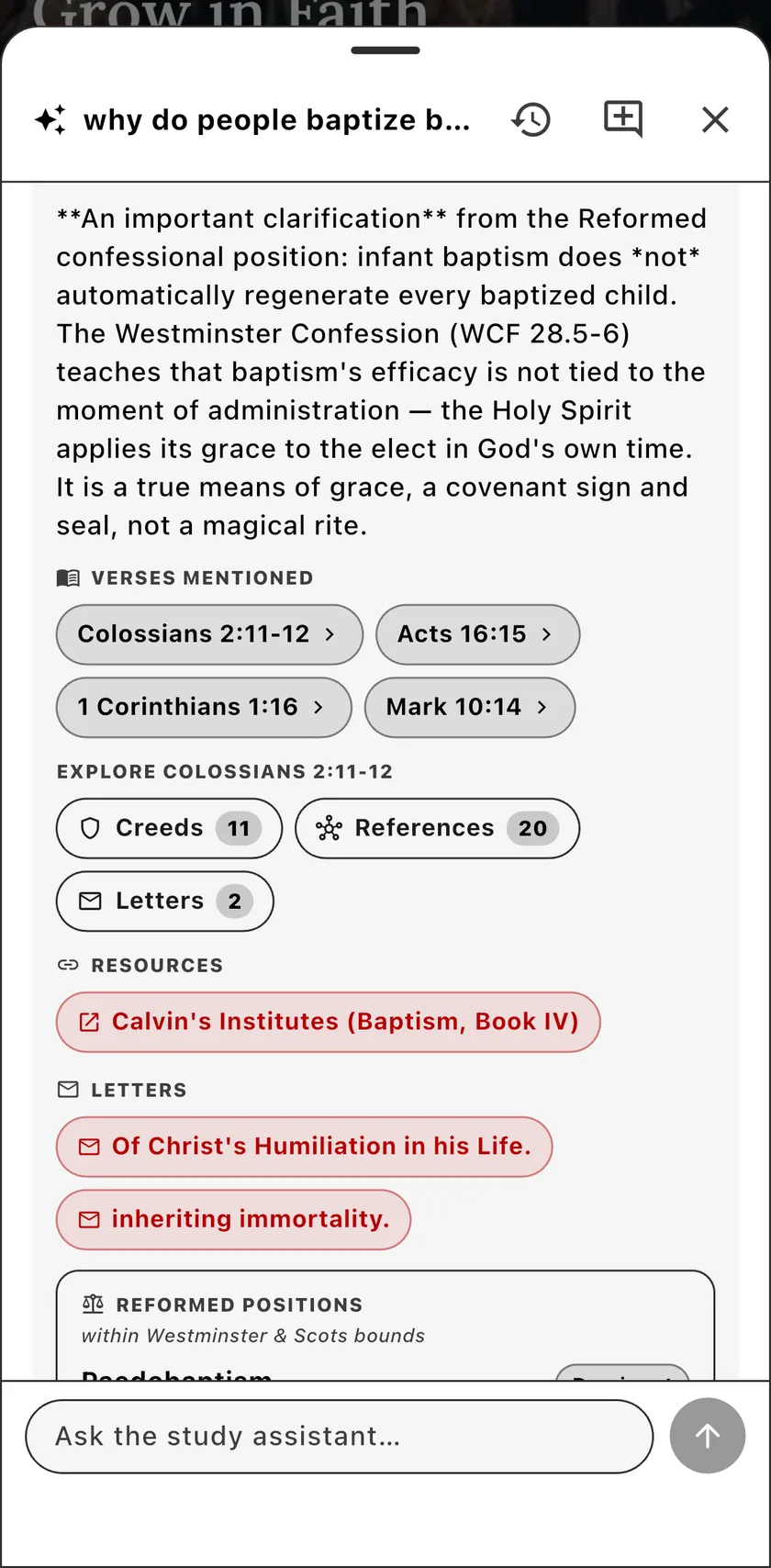 Study Assistant answering a question on infant baptism with verse chips, resources, and letters