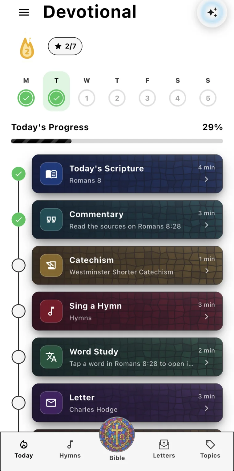 Daily Devotional screen with streak flame, weekly progress ring, and the seven-step journey