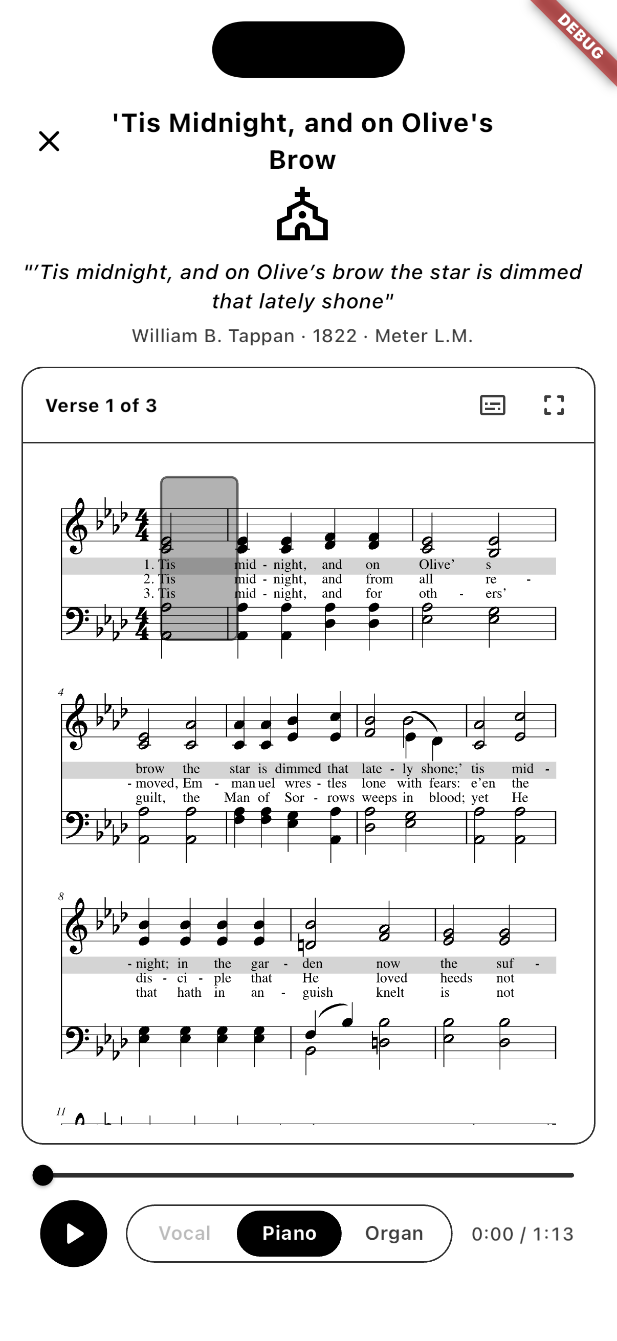 Open the native hymn-score player on any installed hymnal. mobile screen