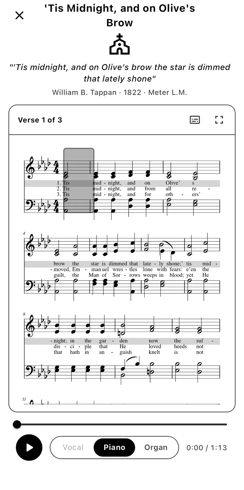 Hymn score player showing engraved sheet music for ’Tis Midnight, and on Olive’s Brow