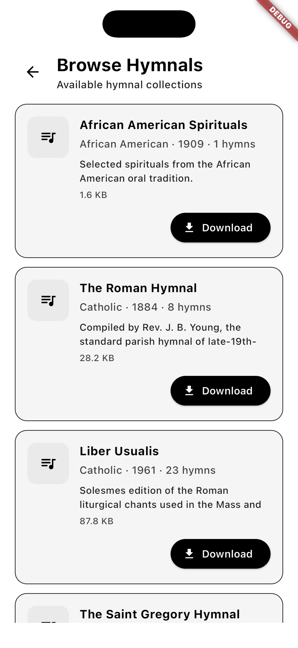 Hymnal catalog mobile screen