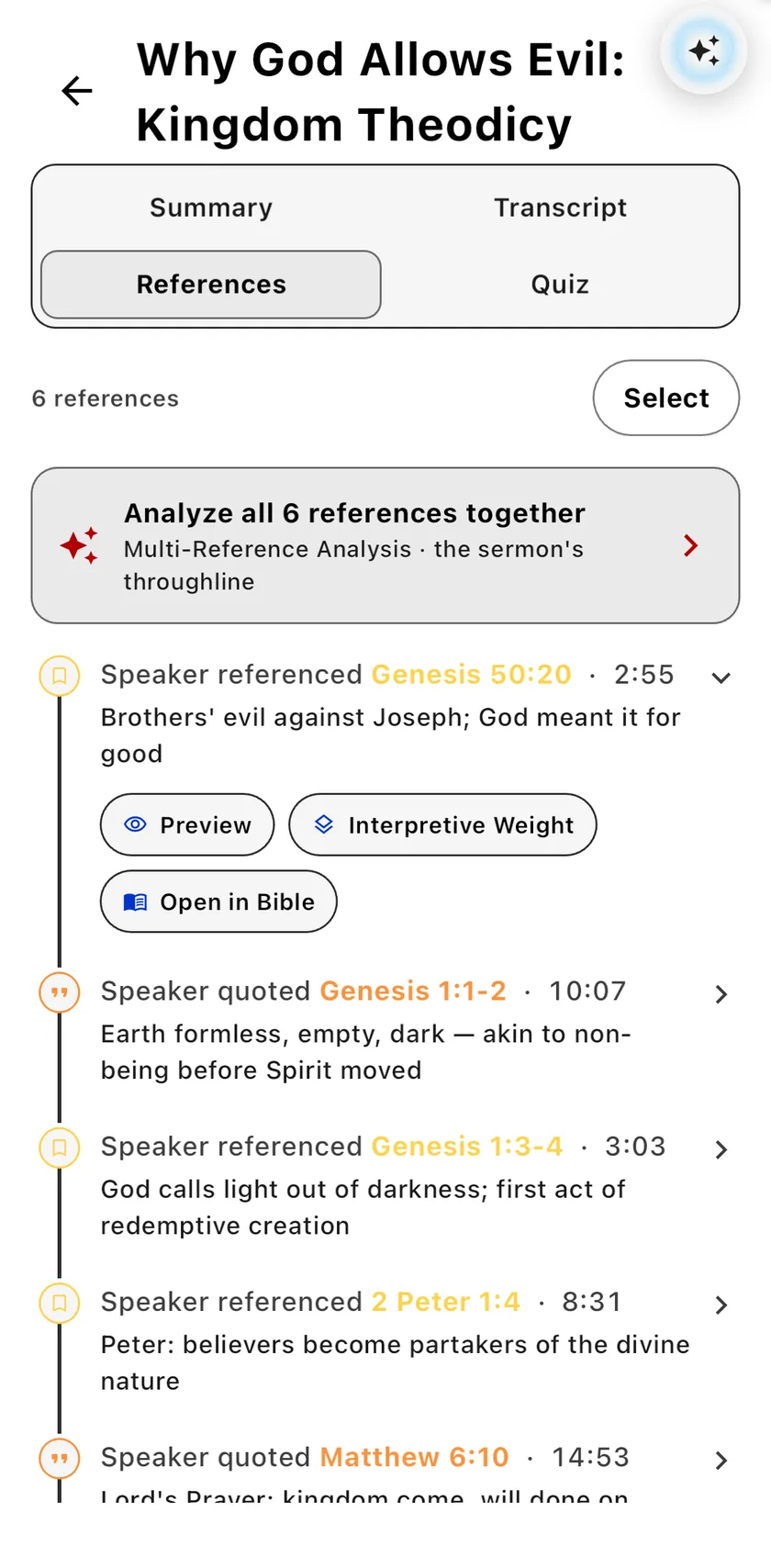 Journal references timeline for a sermon, each Scripture citation pinned to its timestamp