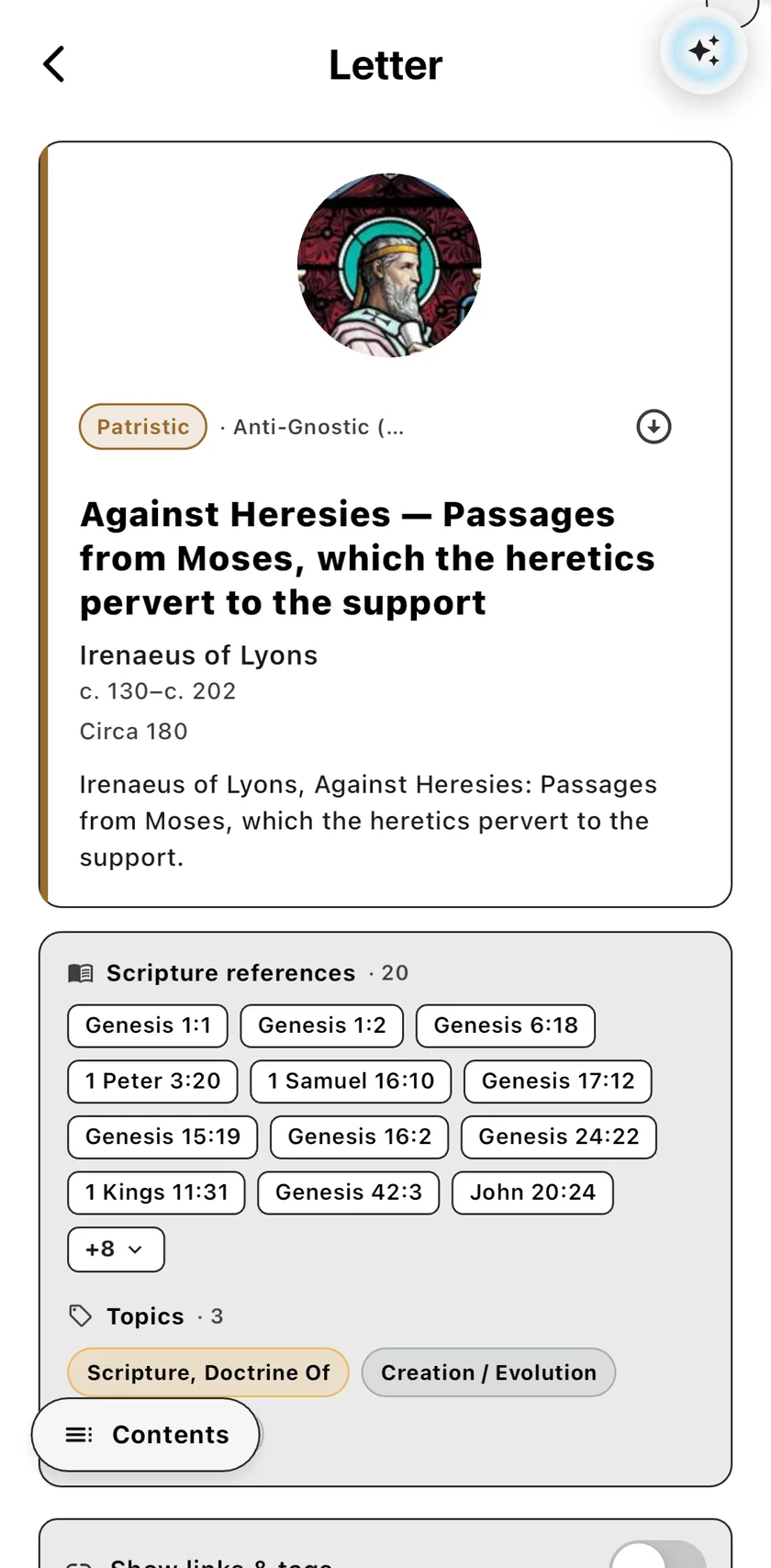 Letter page for Irenaeus of Lyons’ Against Heresies with portrait, era chip, and Scripture references