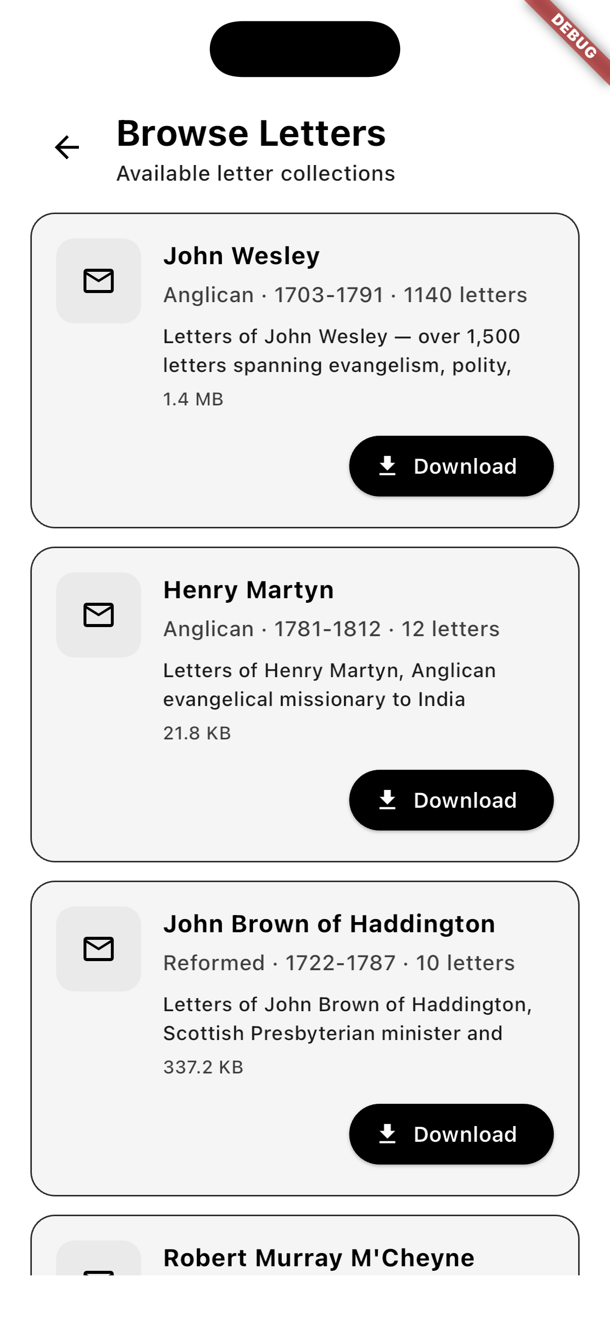 Read theologian letters with scripture refs and topic chips above the text. mobile screen