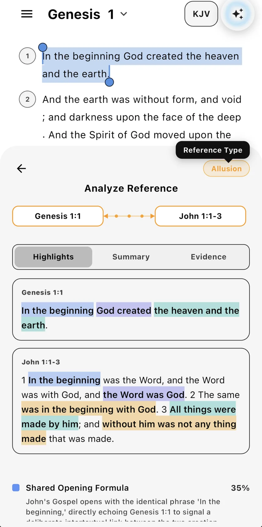 Reference analysis of Genesis 1:1 and John 1:1–3 with matching color highlights on connected words