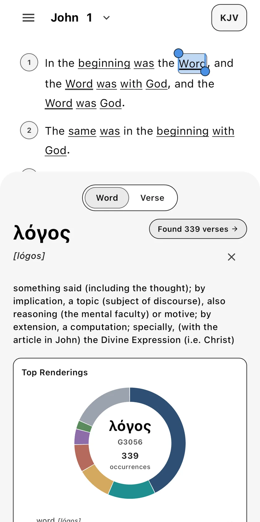 Word study panel for λόγος showing the Strong’s definition and top-renderings chart